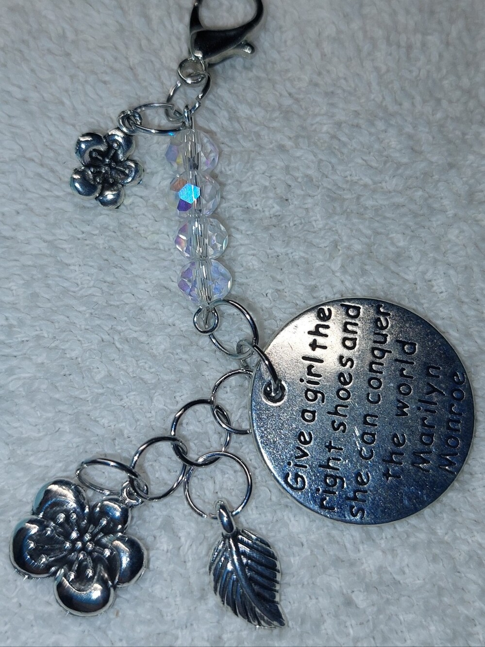 Inspirational Silver-Tone Charm Keychain Or Bag Charm with Crystal Beads